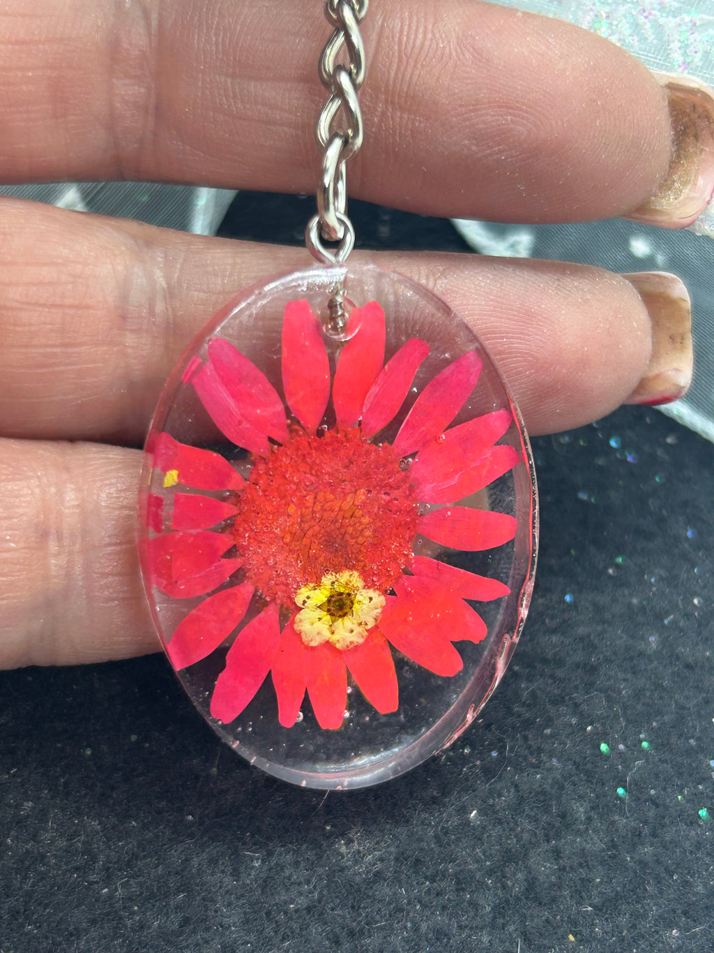Dried Red Daisy Keychain