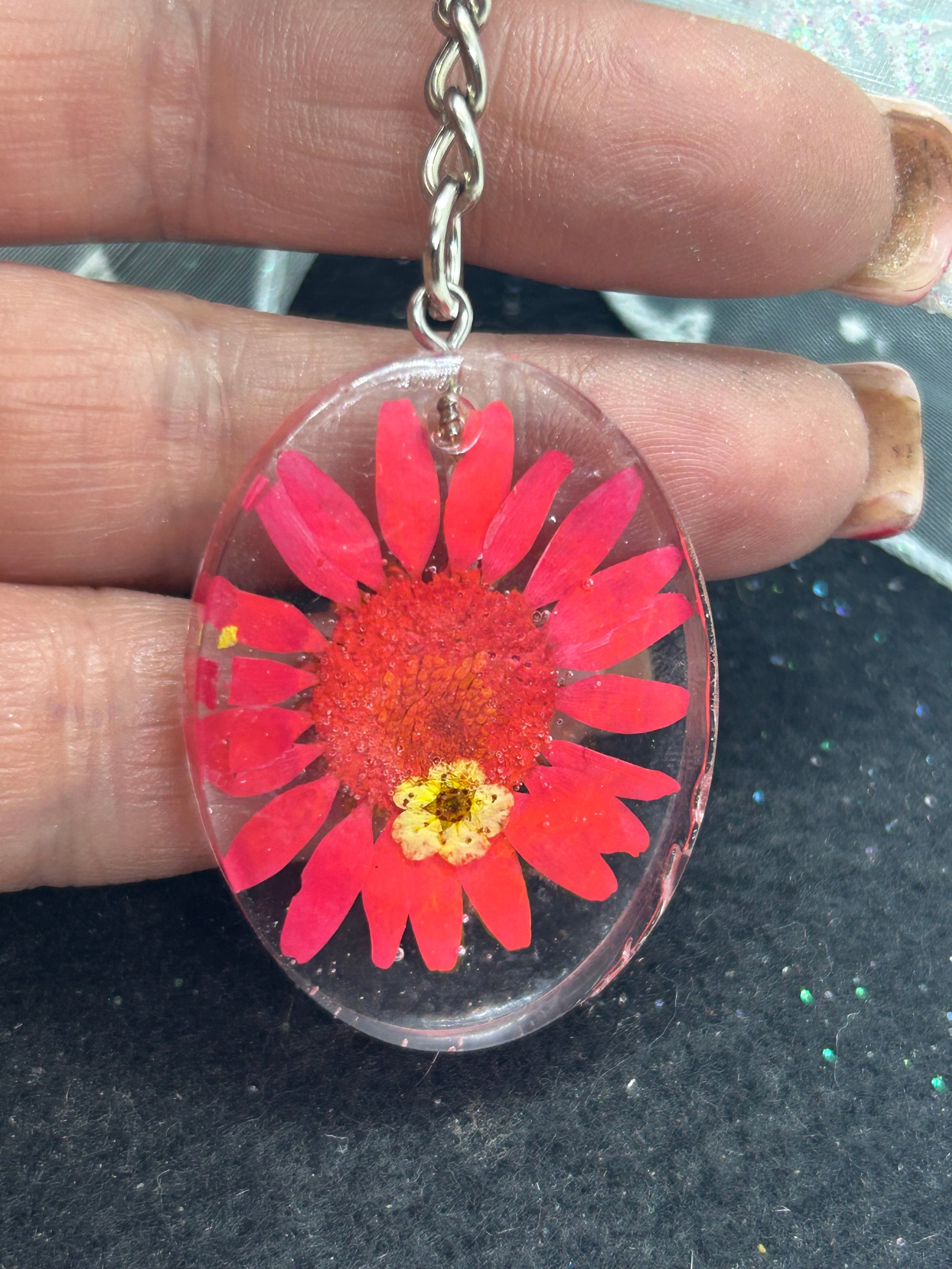 Dried Red Daisy Keychain
