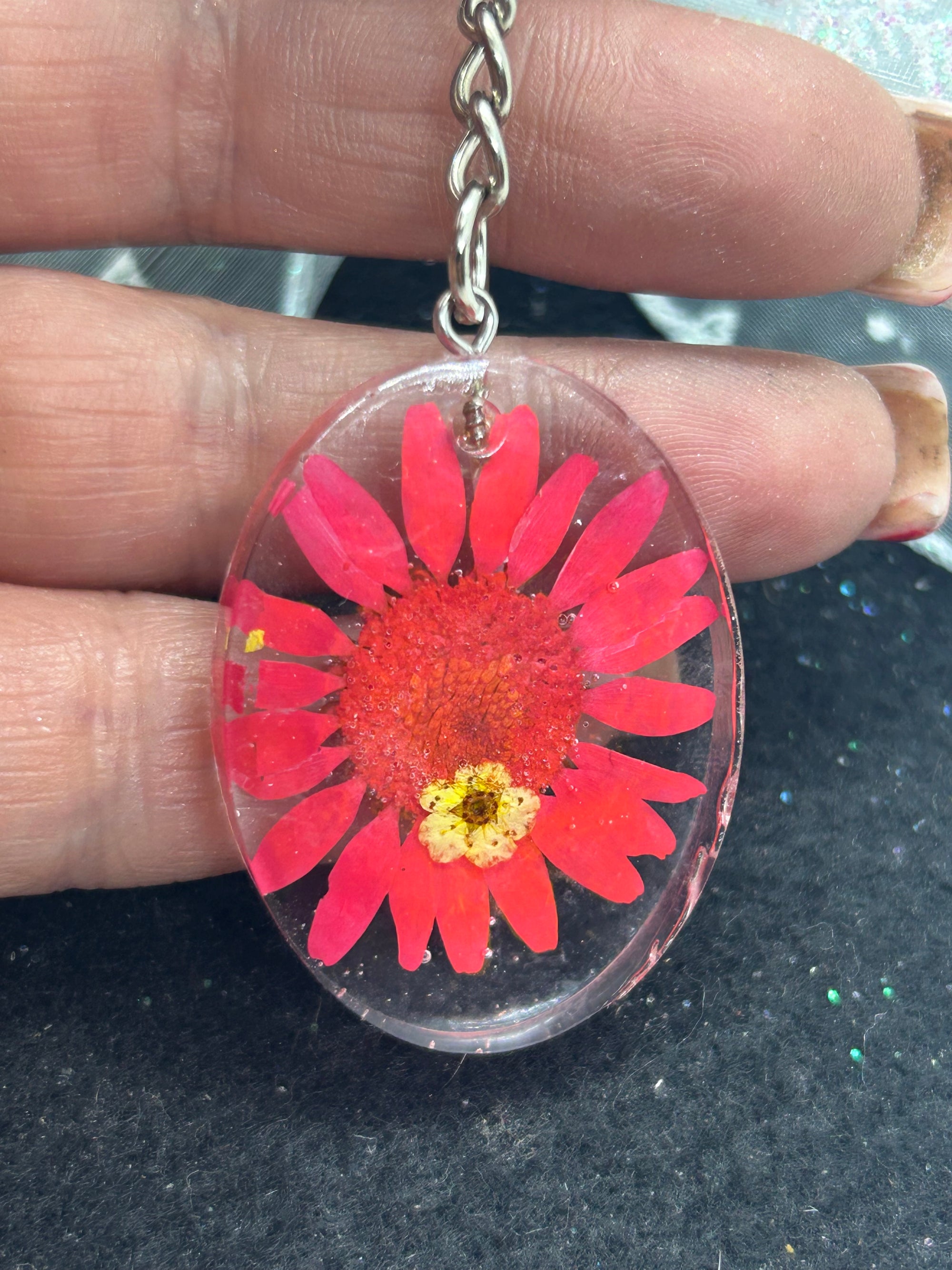 Dried Red Daisy Keychain