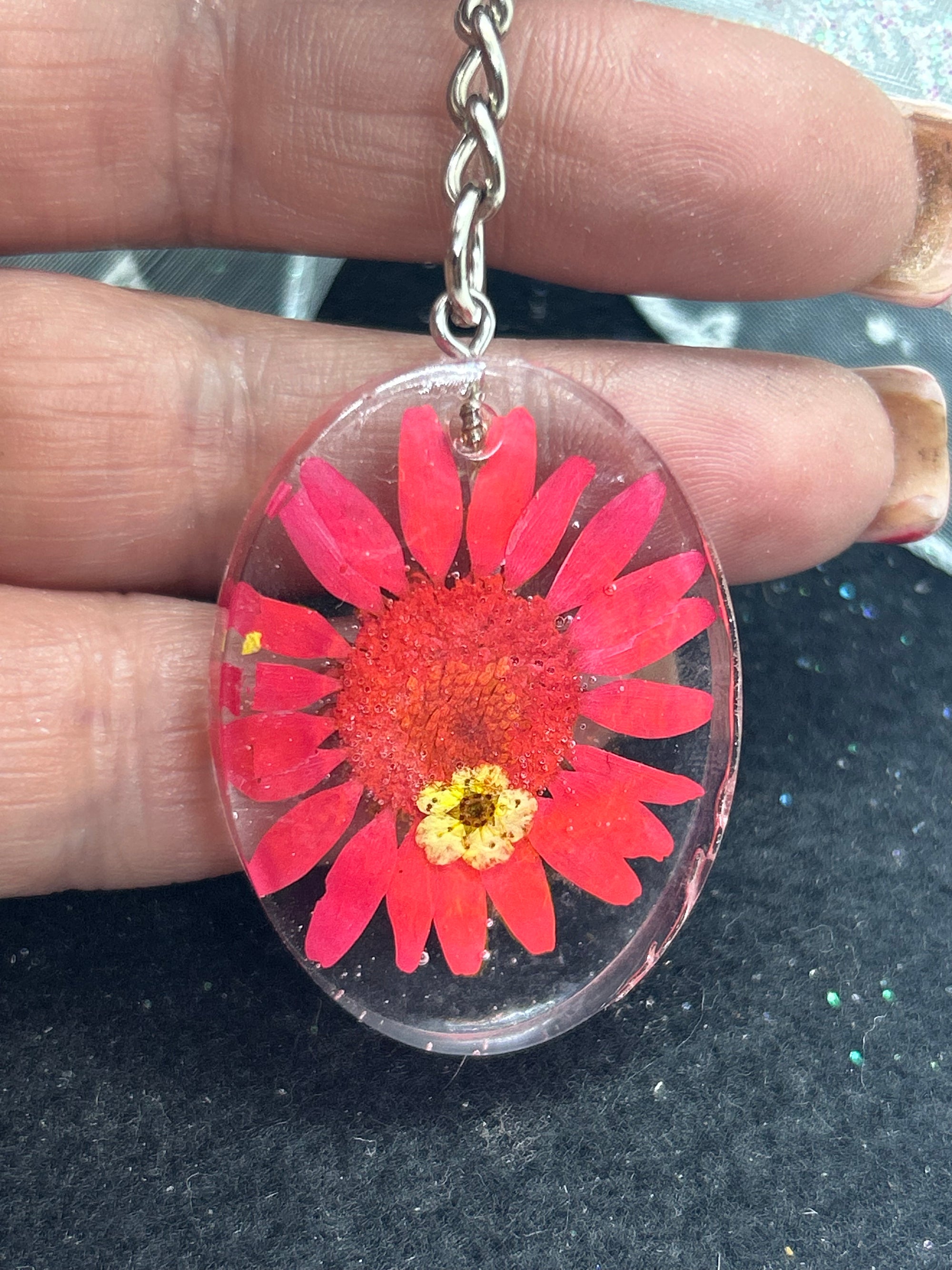 Dried Red Daisy Keychain