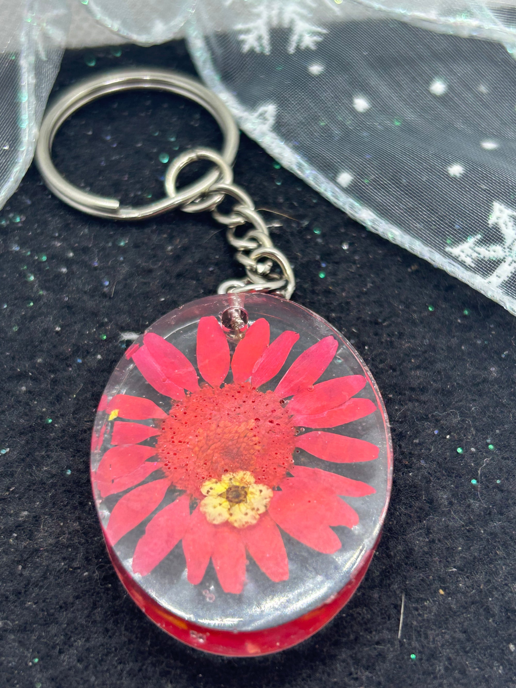 Dried Red Daisy Keychain