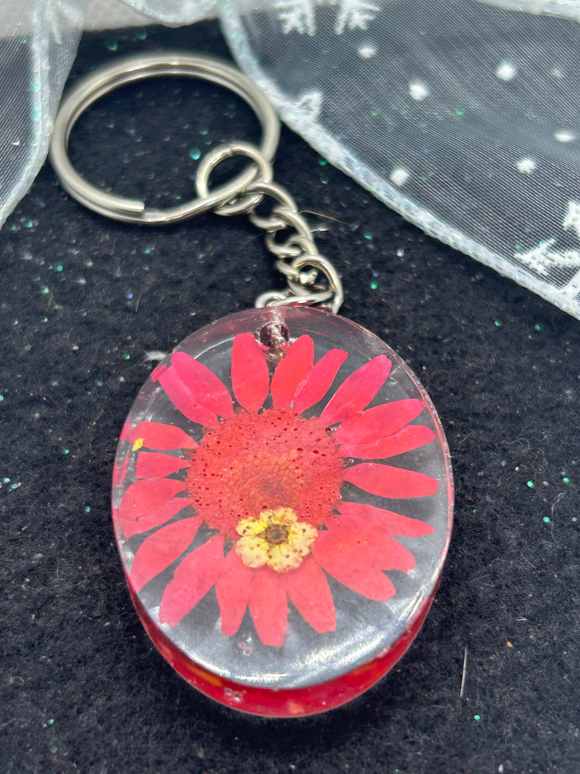 Dried Red Daisy Keychain