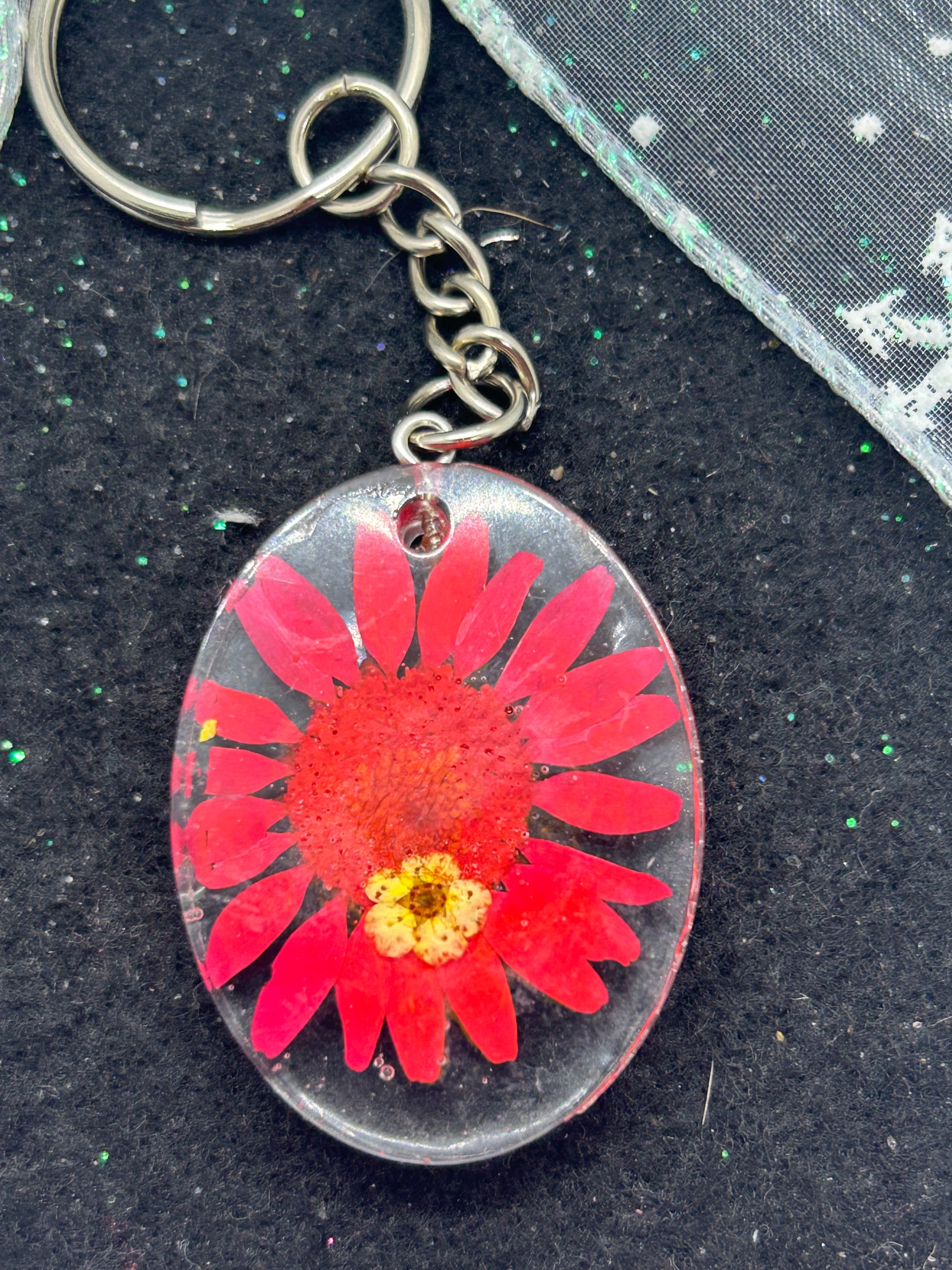 Dried Red Daisy Keychain