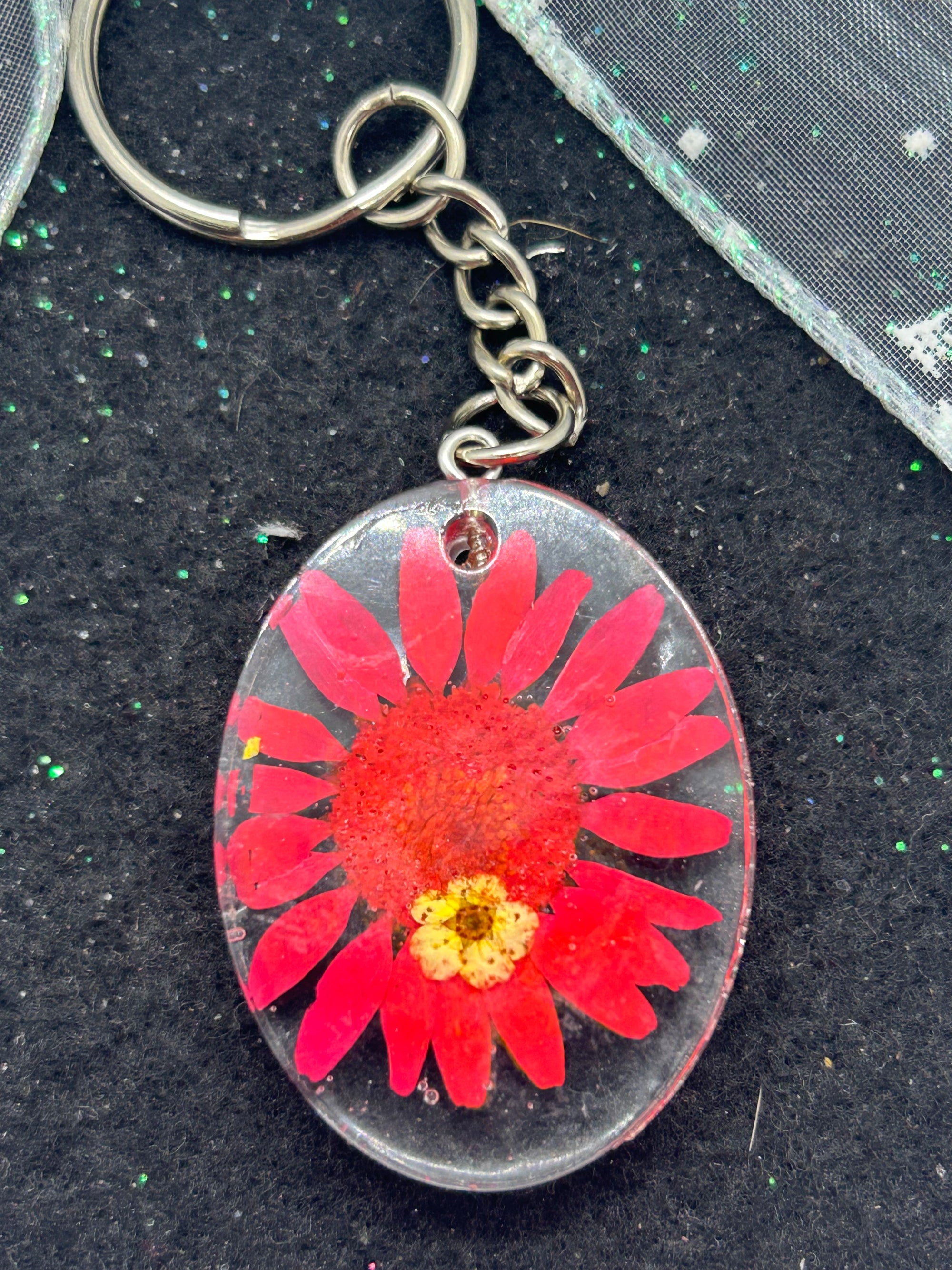 Dried Red Daisy Keychain