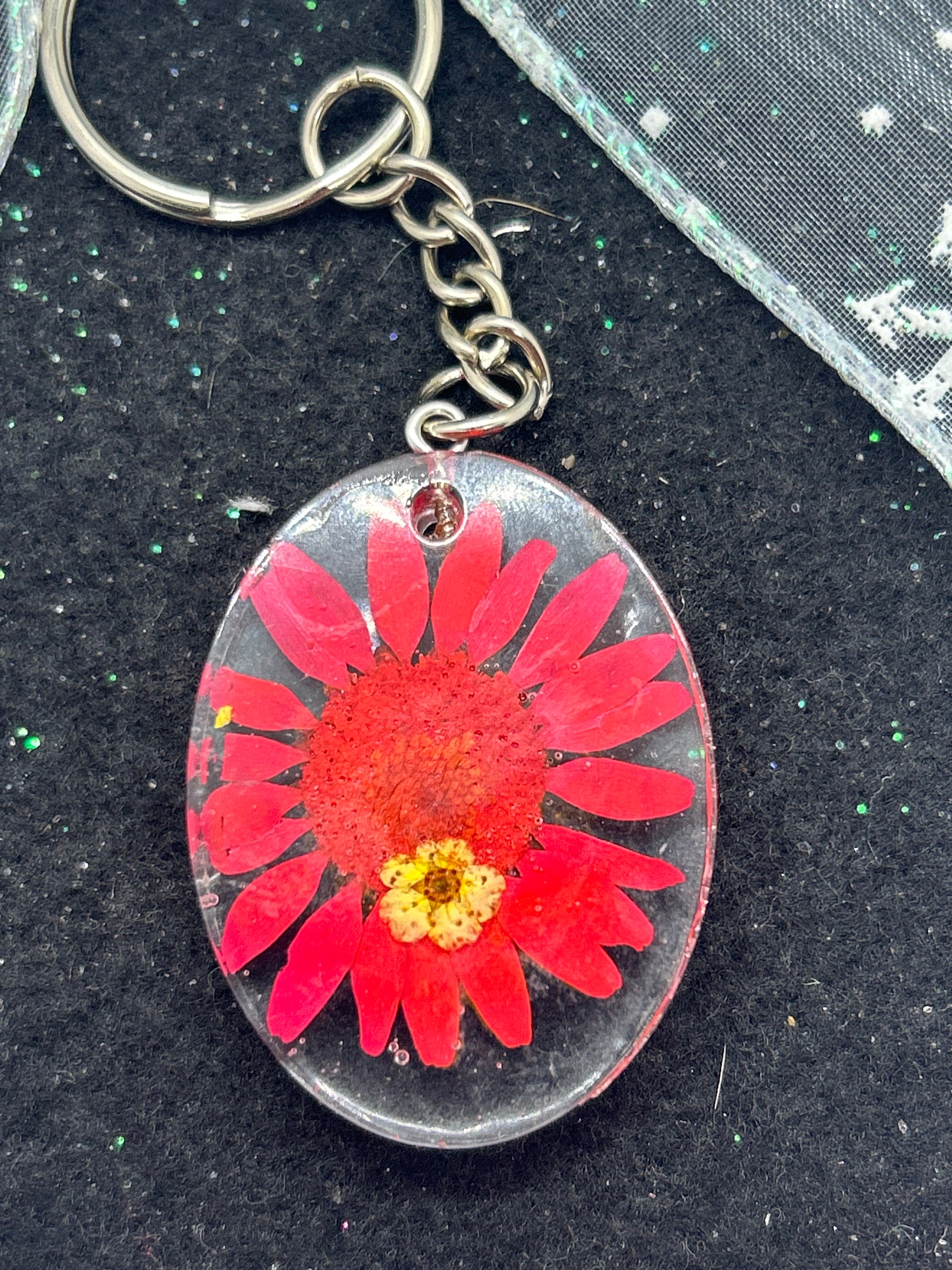 Dried Red Daisy Keychain
