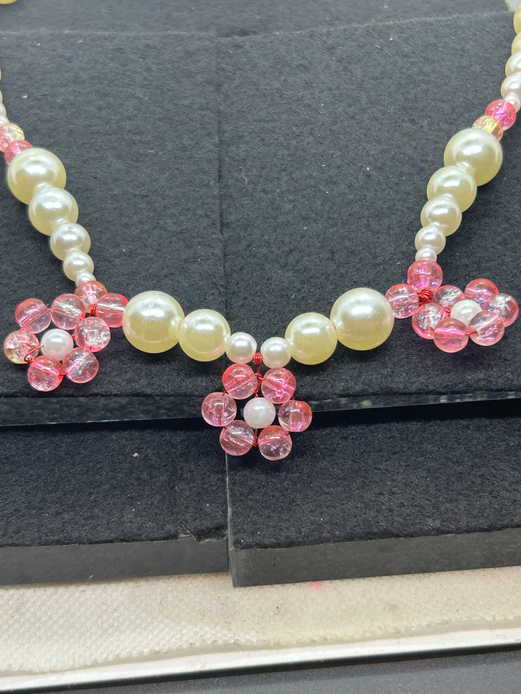 Pink and White Flower Beaded Necklace Plus Matching Earrings