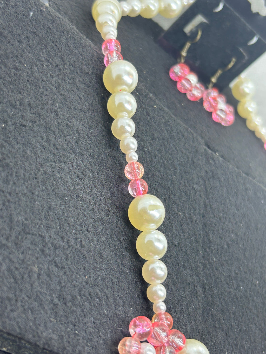 Pink and White Flower Beaded Necklace Plus Matching Earrings